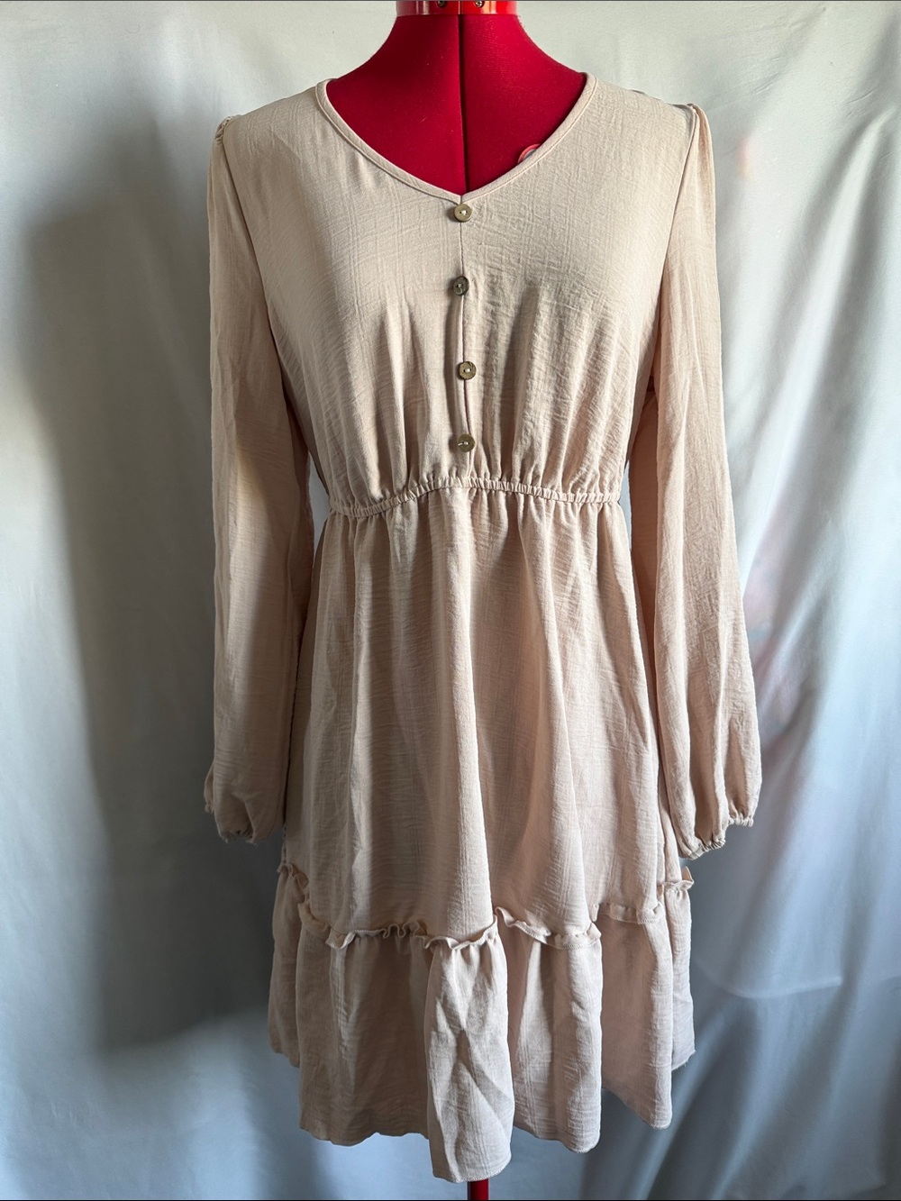 Relaxed Cream Long Sleeve Tiered Dress MM301